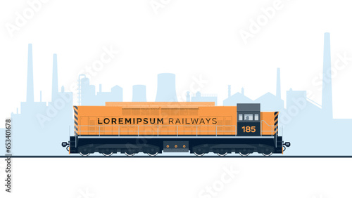 A large shunting locomotive on the background of factory buildings. Flat vector illustration