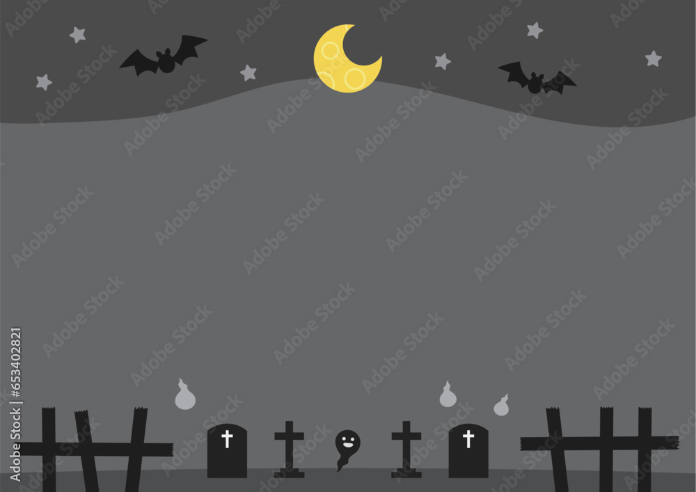 月夜の墓地の背景　ハロウィン　イラスト　黒　横　モノクロ　かわいい