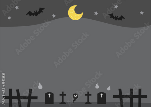 月夜の墓地の背景　ハロウィン　イラスト　黒　横　モノクロ　かわいい