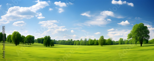 Panoramic natural landscape with green grass field blue sky