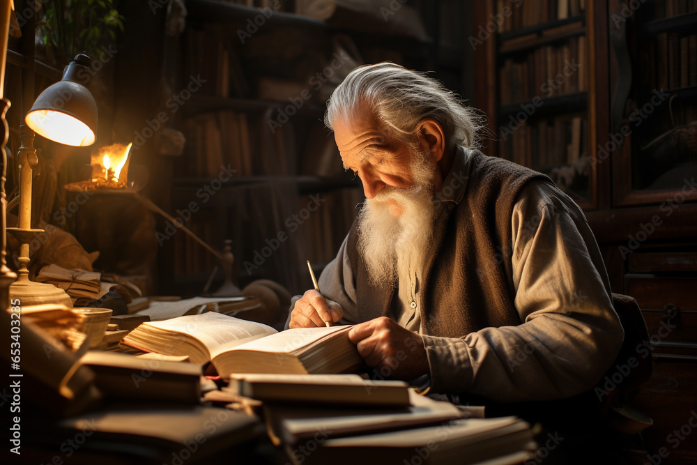 A wise-looking elderly man reading a book in his cozy study