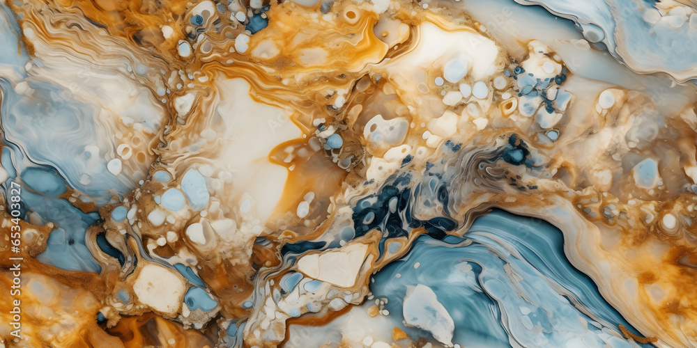 Close up Marble granite light sky-blue and light amber white with gold texture. Background wall surface pattern graphic light elegant gray floor ceramic counter texture stone slab smoot Generative Ai