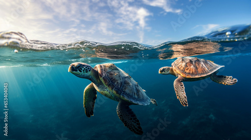 a captivating cluster of turtles soaring gracefully against the backdrop of an expansive azure sky and the mesmerizing deep blue ocean