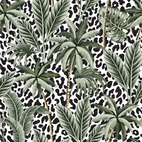 Tropical seamless floral pattern with palms and leaves, leopard background.