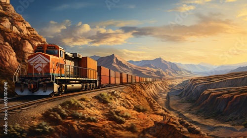A robust freight train winds its way through a challenging terrain, laden with shipping containers..