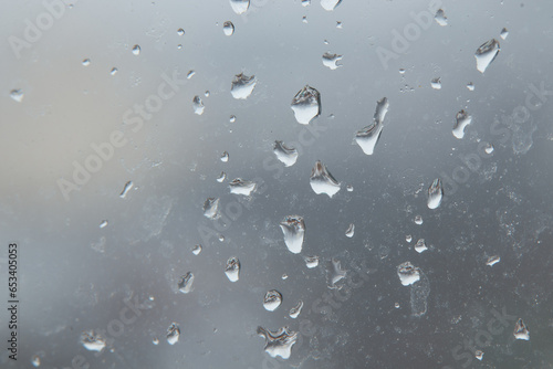 macro photo drops on glass, blurred background, splashes from rain in window