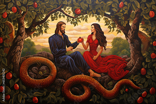 religious illustration of adam and eve with a snake under a tree with forbidden fruits, old icon style illustration, generative AI photo