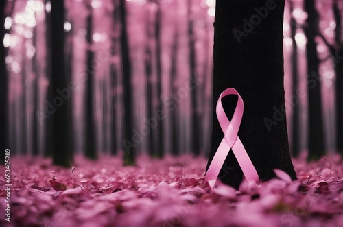 Ai generated image of breast cancer pink ribbon in natural environment.