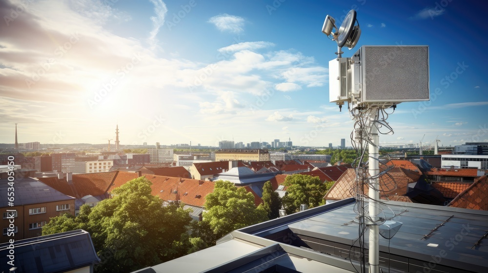 a high-tech TV antenna perched atop a modern urban building. a high-tech TV antenna perched atop a modern urban building.