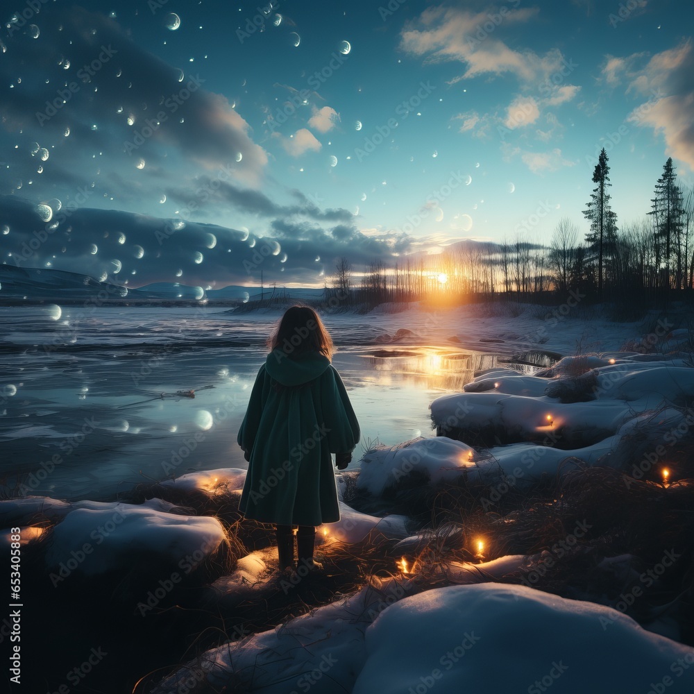 A sorceress in a beautiful green dress against the background of the northern lights and a multi-colored starry sky, concept: illustration of a magical atmosphere, dreams
A sorceress in a beautiful green dress against the background of the northern lights and a multi-colored starry sky, concept: illustration of a magical atmosphere, dreams