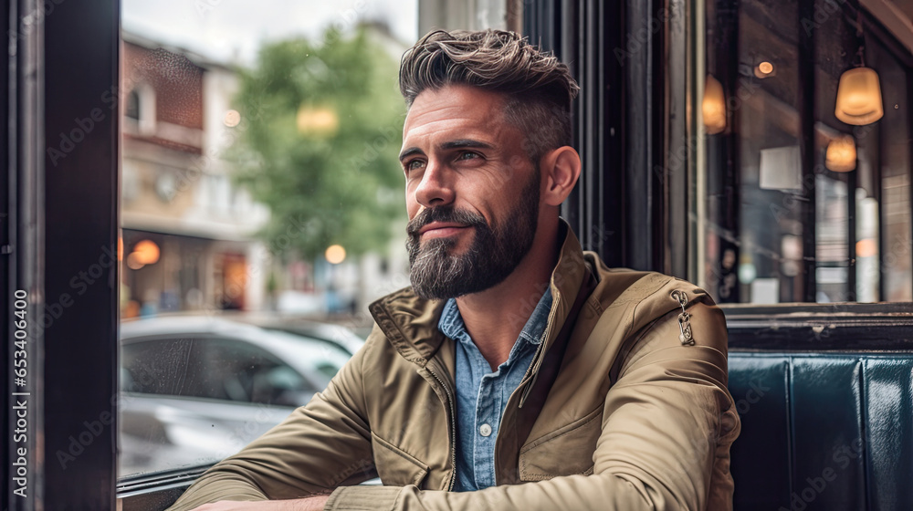 Fototapeta premium A handsome man sitting happily looking out of the window in a cafe. Concept freelance and financial freedom. Generative Ai
