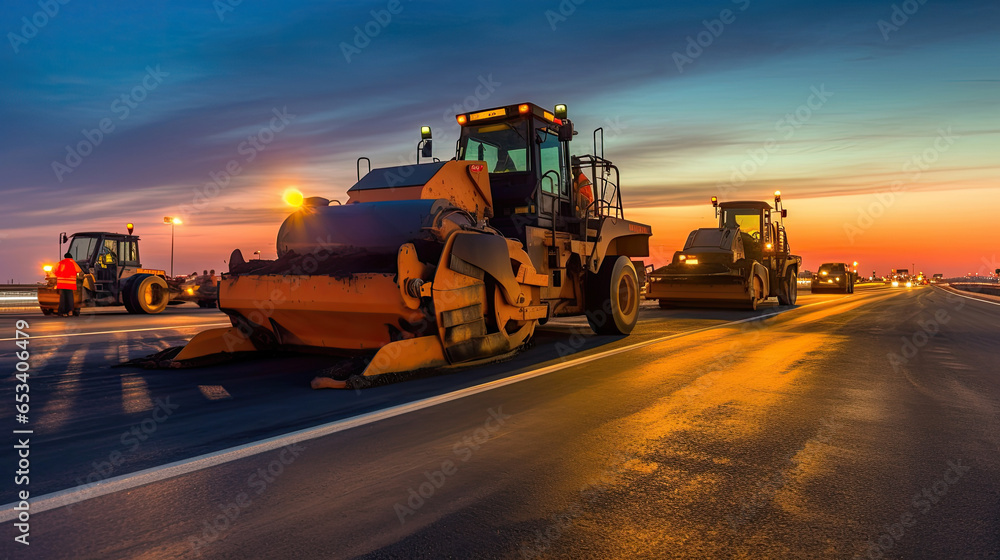 Asphalt, Road rollers working on the new road construction site. Generative Ai Asphalt, Road rollers working on the new road construction site. Generative Ai
