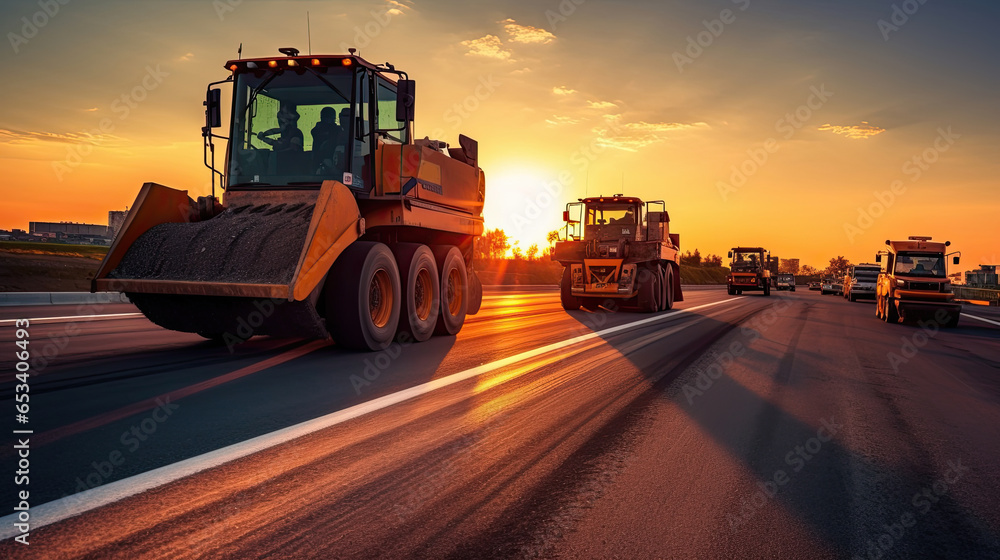 Asphalt, Road rollers working on the new road construction site. Generative Ai Asphalt, Road rollers working on the new road construction site. Generative Ai