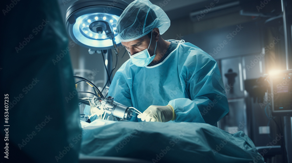 surgeon delicately operating on a lifelike robot - obrazy, fototapety, plakaty 
