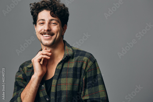 Man portrait model trendy face confident hipster shirt fashion copyspace handsome smile style