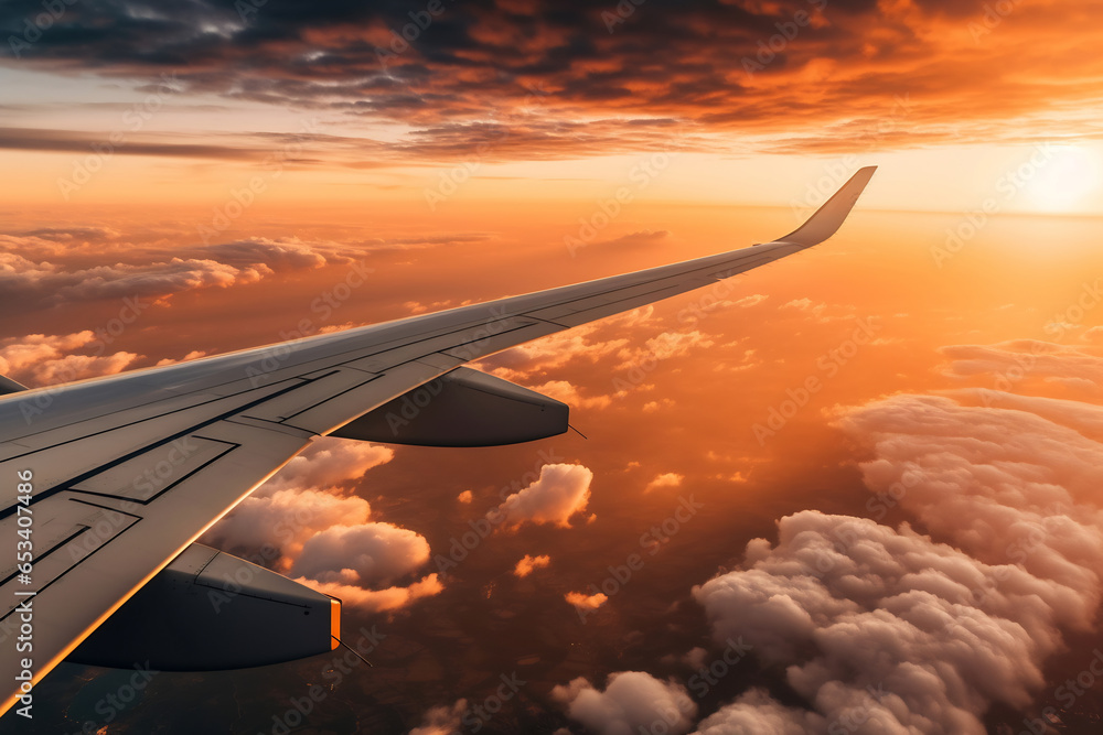 Airplane is flying above the sunset or sunrise clouds, travel trip vacation Airplane is flying above the sunset or sunrise clouds, travel trip vacation