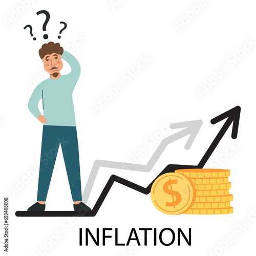 Economic inflation dollar value increase.Cost low and loss. Tiny people standing near piles of coins.Financial crisis.Character cartoon flat cartoon style.Isolated on white background.