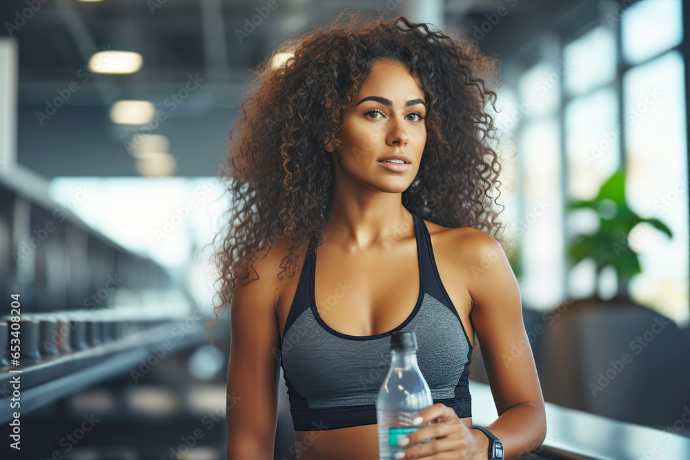 Fototapeta premium Beautiful young fit woman with a bottle of water after training in the gym