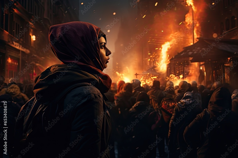 dark aesthetic photo, a woman with hijab amidst a chaotic street protest in a city,filled with tension and unrest, as flames from fire flares illuminate the night sky in the background - Generative AI