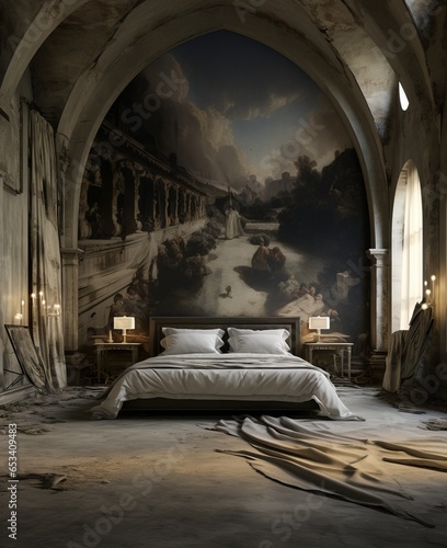 Large luxury bedroom located inside the villa, modern gothic architecture © stv