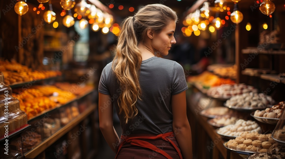 A female baker in uniform in a bakery stands with her back among the shelves with bread and rolls for sale. Production of bread and buns. Visitor in the store
A female baker in uniform in a bakery stands with her back among the shelves with bread and rolls for sale. Production of bread and buns. Visitor in the store