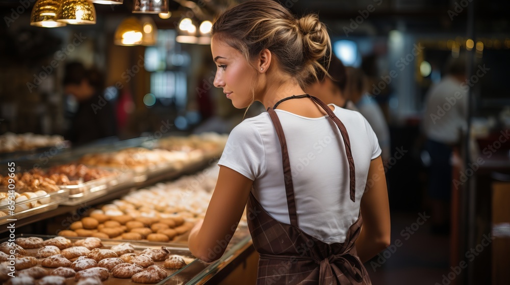 
A female baker in uniform in a bakery stands with her back among the shelves with bread and rolls for sale. Production of bread and buns. Visitor in the store