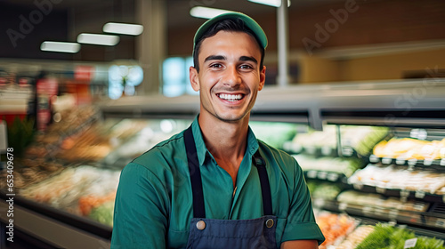 Portrait of Smiling young male supermarket worker. Generative Ai