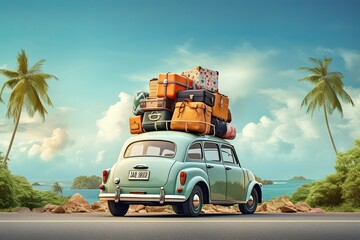 Green retro car with luggage on the roof. Car on the road with a lot of suitcases on roof. Family travel on vacation. Travelling by car.