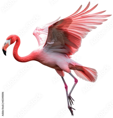 Flying pink flamingo bird isolated on a white background as transparent PNG