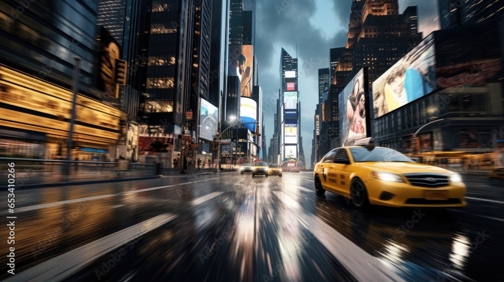 dynamic urban traffic against the backdrop of a bustling cityscape