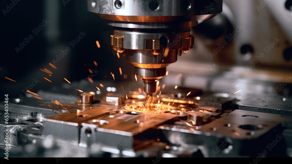 Close-up view of a CNC machine cutting metal with modern processing technology Close-up view of a CNC machine cutting metal with modern processing technology
