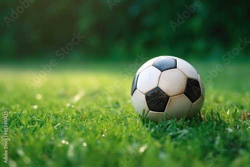 Soccer ball on green grass. Generative AI