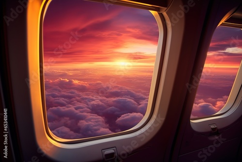 View from airplane window on the clouds with sunset