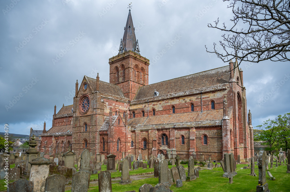 St Magnus Cathedral at Kirkwall, Scotland during cloudy day