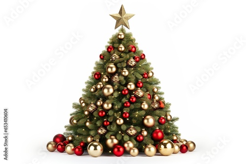 Decorated christmas fir tree on white background