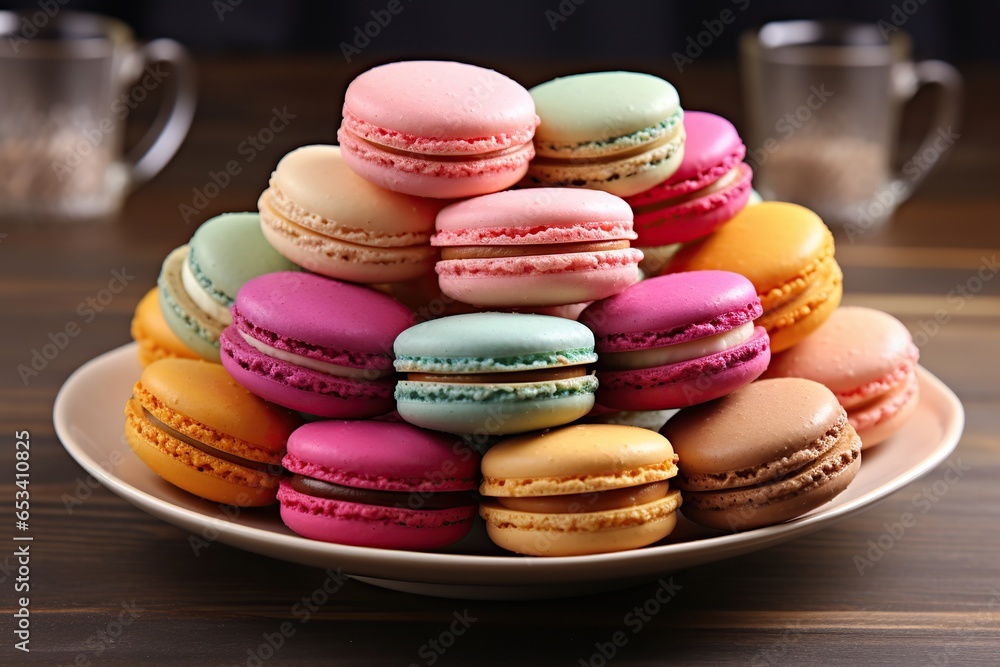 Colorful macarons dessert in plate on wooden background Colorful macarons dessert in plate on wooden background