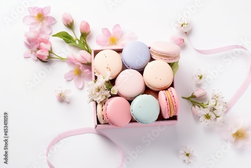 Colorful macarons dessert in box with flowers on white background