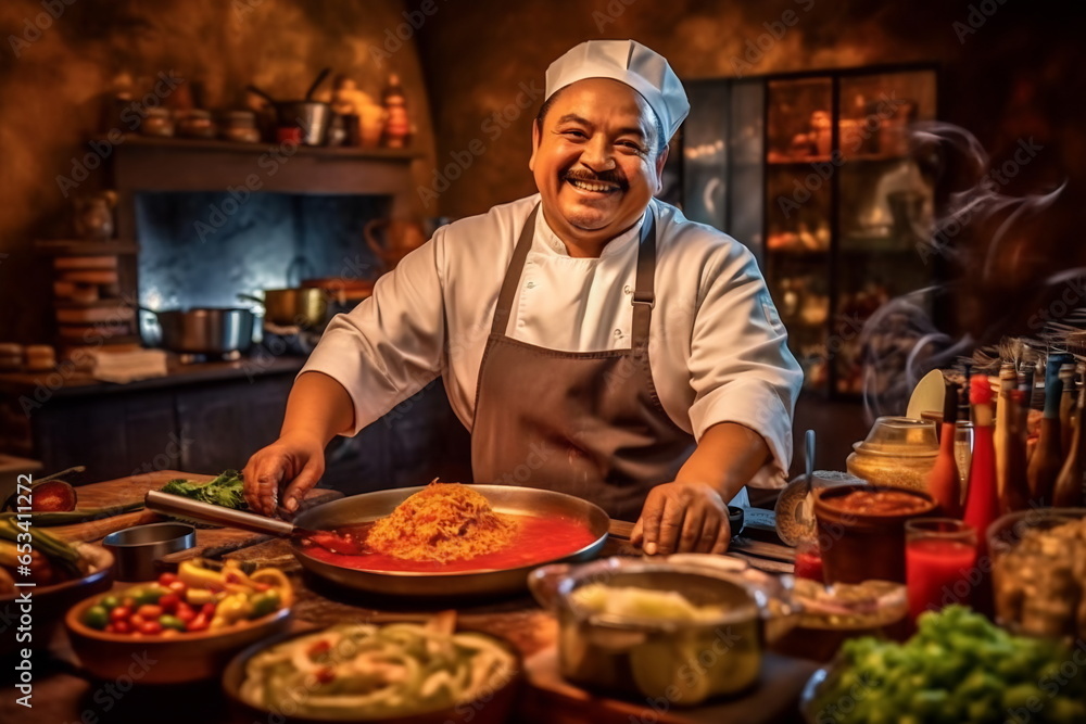 A famous mexico chef works in a big restaurant kitchen