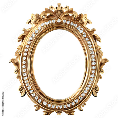 Antique round oval golden and diamonds, picture mirror frame on white, transparent background