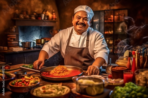 A famous mexico chef works in a big restaurant kitchen