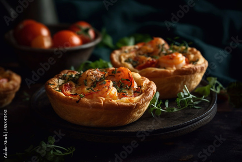 Pizza baskets with shrimp and herbs. Generative AI.