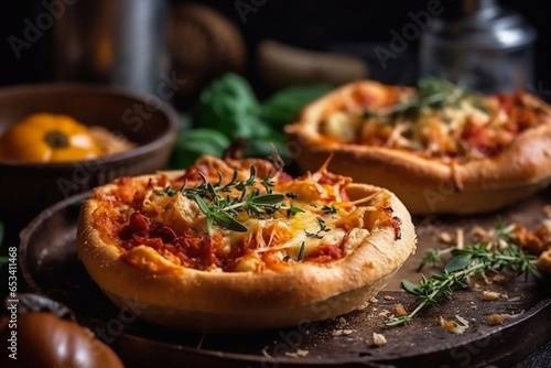 Pizza baskets with shrimp and herbs. Generative AI.