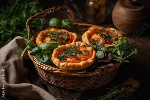 Pizza baskets with shrimp and herbs. Generative AI.