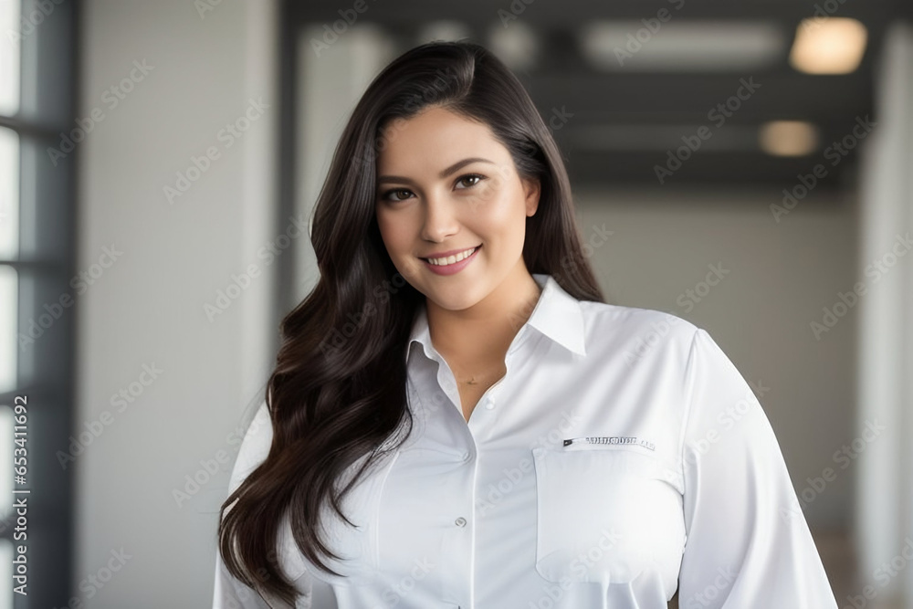 A plus-size brunette manager girl smiles in a bright corridor in the office A plus-size brunette manager girl smiles in a bright corridor in the office