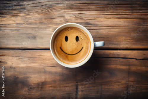 Good morning coffee smile cup on wooden background, generative ai 