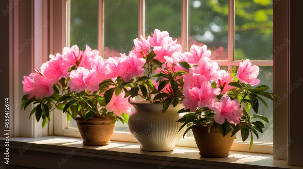 Nature's beauty indoors! Azalea blossoms in a pot brighten up your windowsill, creating a picturesque scene inside your home.