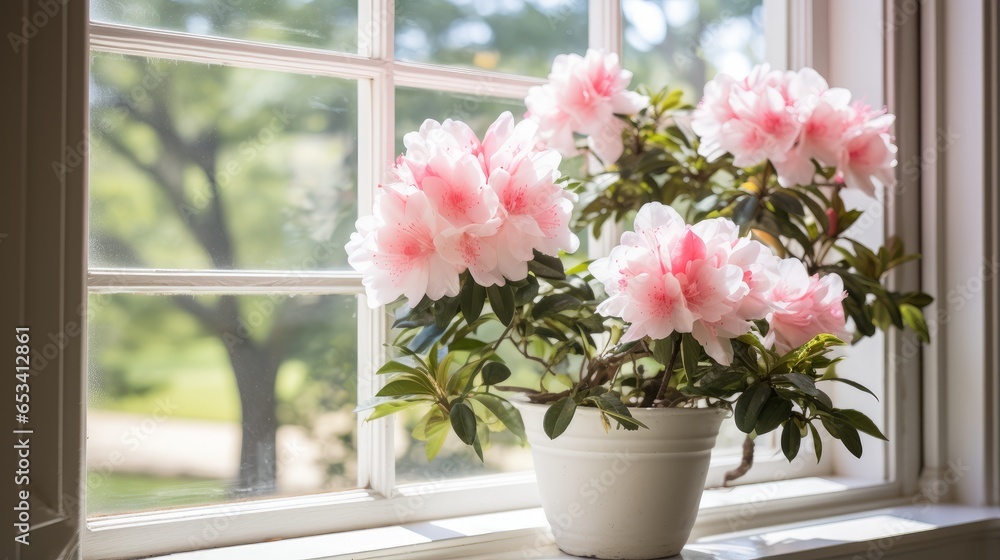 Nature's beauty indoors! Azalea blossoms in a pot brighten up your windowsill, creating a picturesque scene inside your home. Nature's beauty indoors! Azalea blossoms in a pot brighten up your windowsill, creating a picturesque scene inside your home.