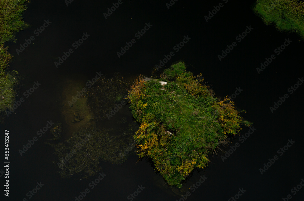top view on the green island in river