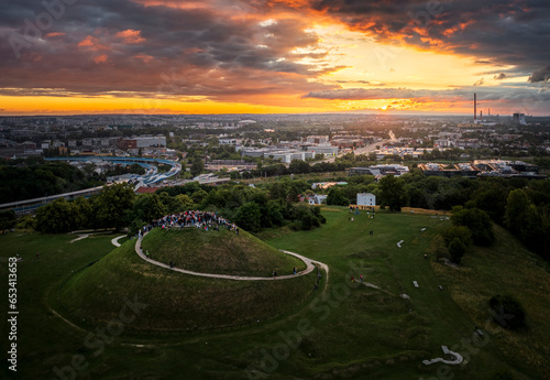 Welcome to summer event - sunrise over Krakus Mound in Krakow, Poland