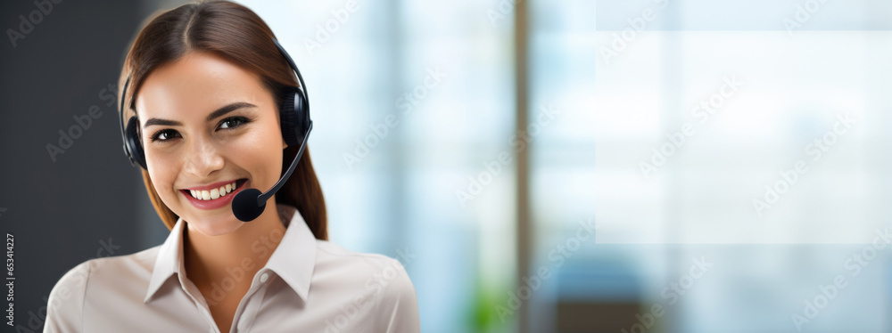 Call center, young woman and smile in contact us with CRM, headset with mic and mockup space. Customer service, happy female and telemarketing with sales and help desk.  copy space - obrazy, fototapety, plakaty 